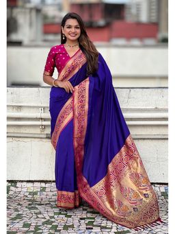 ELITE WEAVES - Blue Gala Silk Paithani Pallu Kadiyal Zari Woven Saree with Unstitched Blouse