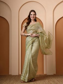 SALVIA SKY - Pista Embroidered Silk Saree with Unstitched Blouse