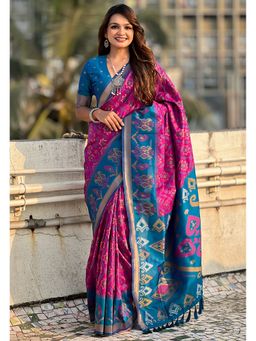 ELITE WEAVES - Magenta Soft Silk Zari Woven Patola Contrast Weaves Saree with Unstitched Blouse