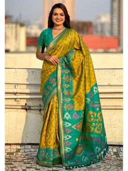 ELITE WEAVES - Olive Soft Silk Zari Woven Patola Contrast Weaves Saree with Unstitched Blouse