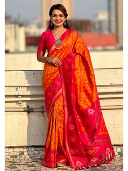 ELITE WEAVES - Orange Soft Silk Zari Woven Patola Contrast Weaves Saree with Unstitched Blouse