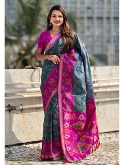 ELITE WEAVES - Teal Soft Silk Zari Woven Patola Contrast Weaves Saree with Unstitched Blouse