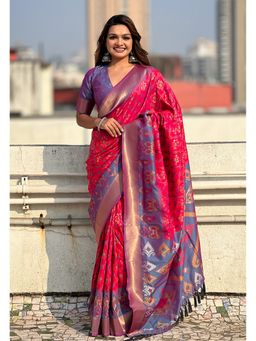 ELITE WEAVES - Pink Soft Silk Zari Woven Patola Contrast Weaves Saree with Unstitched Blouse