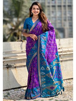ELITE WEAVES - Purple Soft Silk Zari Woven Patola Contrast Weaves Saree with Unstitched Blouse
