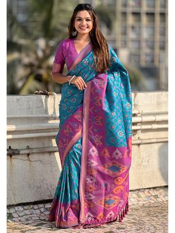 ELITE WEAVES - Blue Soft Silk Zari Woven Patola Contrast Weaves Saree with Unstitched Blouse