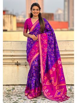 ELITE WEAVES - Purple Soft Silk Zari Woven Patola Contrast Weaves Saree with Unstitched Blouse