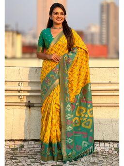 ELITE WEAVES - Yellow Soft Silk Zari Woven Patola Contrast Weaves Saree with Unstitched Blouse