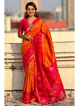 SGF11 - Orange Women's Kanjivaram Patola Pure Soft Silk Saree with Unstitched Blouse