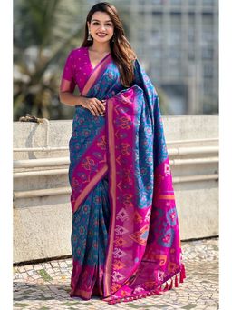 SGF11 - Blue Women Kanjivaram Patola Pure Soft Silk Saree with Unstitched Blouse