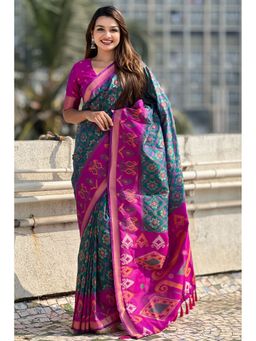 SGF11 - Teal Women's Kanjivaram Patola Pure Soft Silk Saree with Unstitched Blouse