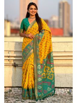 SGF11 - Yellow Women's Kanjivaram Patola Pure Soft Silk Saree with Unstitched Blouse