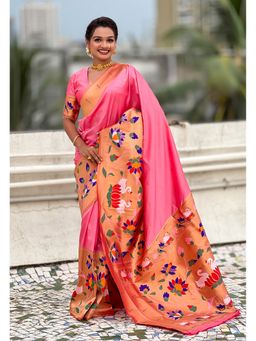 ELITE WEAVES - Pink Paithani Silk Half Concept Big Border Zari Woven Saree with Unstitched Blouse