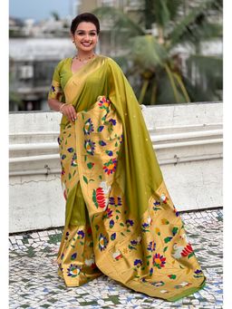 ELITE WEAVES - Olive Paithani Silk Half Concept Big Border Zari Woven Saree with Unstitched Blouse