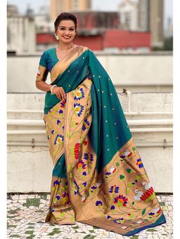 ELITE WEAVES - Teal Paithani Silk Half Concept Big Border Zari Woven Saree with Unstitched Blouse