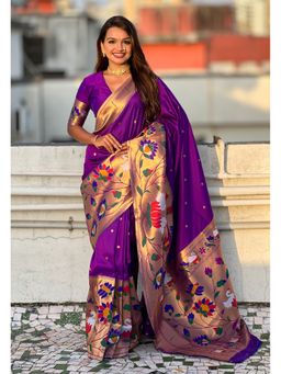 ELITE WEAVES - Purple Paithani Silk Half Concept Big Border Zari Woven Saree with Unstitched Blouse