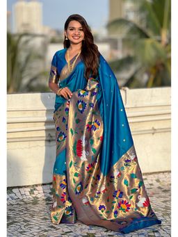 ELITE WEAVES - Blue Paithani Silk Half Concept Big Border Zari Woven Saree with Unstitched Blouse