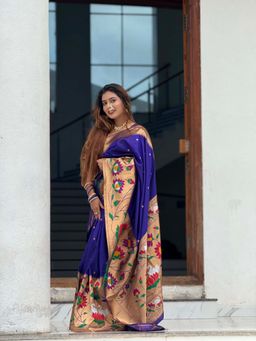 ELITE WEAVES - Blue Paithani Silk Half Concept Big Border Zari Woven Saree with Unstitched Blouse