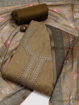 MEENA BAZAAR - Embroidered Green Art Silk Unstitched Dress Material with Dupatta