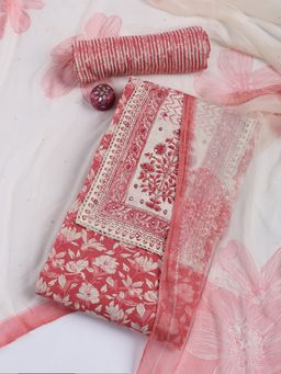 MEENA BAZAAR - Printed Peach Cotton Blend Unstitched Dress Material with Dupatta