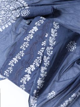 MEENA BAZAAR - Printed Blue Cotton Blend Unstitched Dress Material with Dupatta