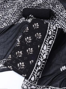 MEENA BAZAAR - Printed Black Cotton Blend Unstitched Dress Material with Dupatta