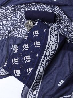 MEENA BAZAAR - Printed Blue Cotton Blend Unstitched Dress Material with Dupatta