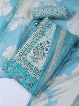 MEENA BAZAAR - Printed Blue Cotton Blend Unstitched Dress Material with Dupatta