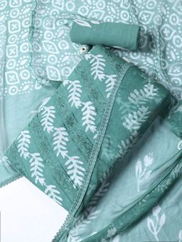 MEENA BAZAAR - Printed Green Cotton Blend Unstitched Dress Material with Dupatta