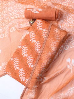 MEENA BAZAAR - Printed Orange Cotton Blend Unstitched Dress Material with Dupatta