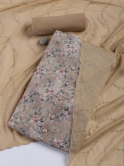 MEENA BAZAAR - Printed Beige Cotton Blend Unstitched Dress Material with Dupatta