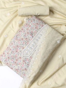 MEENA BAZAAR - Printed Cream Cotton Blend Unstitched Dress Material with Dupatta