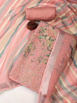 MEENA BAZAAR - Printed Pink Linen Unstitched Dress Material with Dupatta