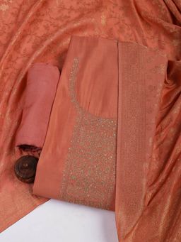 MEENA BAZAAR - Embroidered Peach Chanderi Unstitched Dress Material with Dupatta
