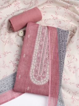 MEENA BAZAAR - Printed Pink Chanderi Unstitched Dress Material with Dupatta