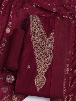 MEENA BAZAAR - Embroidered Wine Chanderi Unstitched Dress Material with Dupatta