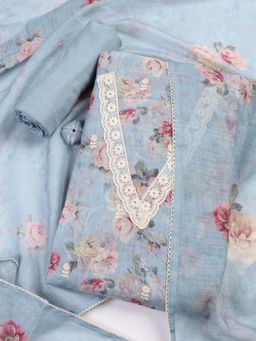 MEENA BAZAAR - Embroidered Blue Linen Unstitched Dress Material with Dupatta