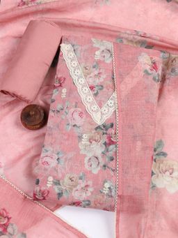 MEENA BAZAAR - Embroidered Pink Linen Unstitched Dress Material with Dupatta