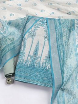 MEENA BAZAAR - Printed Blue Linen Unstitched Dress Material with Dupatta