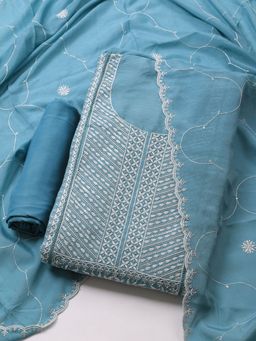 MEENA BAZAAR - Embroidered Blue Art Silk Unstitched Dress Material with Dupatta