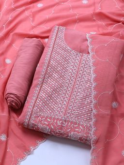 MEENA BAZAAR - Embroidered Peach Art Silk Unstitched Dress Material with Dupatta