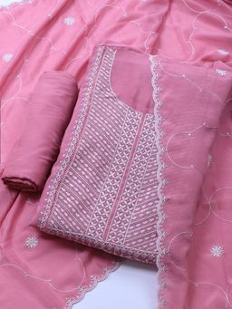 MEENA BAZAAR - Embroidered Pink Art Silk Unstitched Dress Material with Dupatta