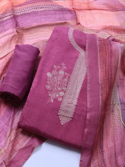 MEENA BAZAAR - Embroidered Purple Art Silk Unstitched Dress Material with Dupatta