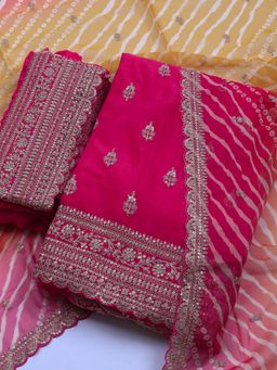 MEENA BAZAAR - Embroidered Pink Art Silk Unstitched Dress Material with Dupatta