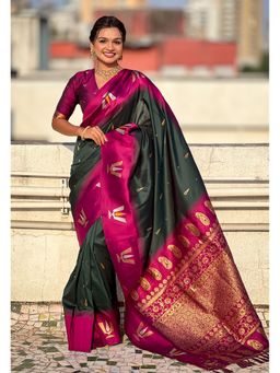 ELITE WEAVES - Green South Traditional Tilak Soft Silk Zari Woven Saree with Unstitched Blouse