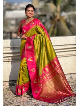 ELITE WEAVES - Olive South Traditional Tilak Soft Silk Zari Woven Saree with Unstitched Blouse