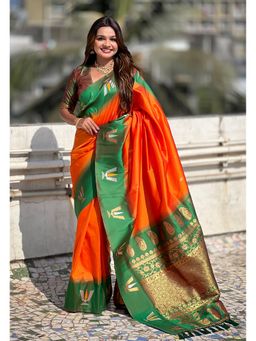 ELITE WEAVES - Orange South Traditional Tilak Soft Silk Zari Woven Saree with Unstitched Blouse