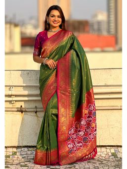 ELITE WEAVES - Green Pure Tissue Zari Woven Patola Saree with Unstitched Blouse