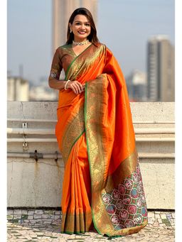 ELITE WEAVES - Orange Pure Tissue Zari Woven Patola Saree with Unstitched Blouse