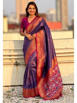 ELITE WEAVES - Purple Pure Tissue Zari Woven Patola Saree with Unstitched Blouse