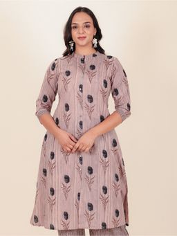 ARAMYA - Women Mandarin Neck Floral Three Fourth Sleeves Beige Kurta